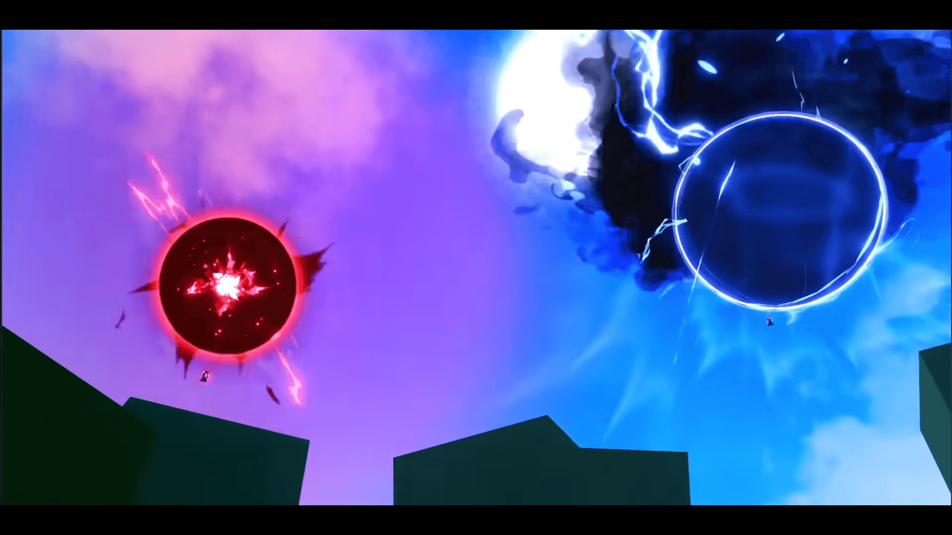 Dramatic clash between two powerful abilities - red and blue energy spheres