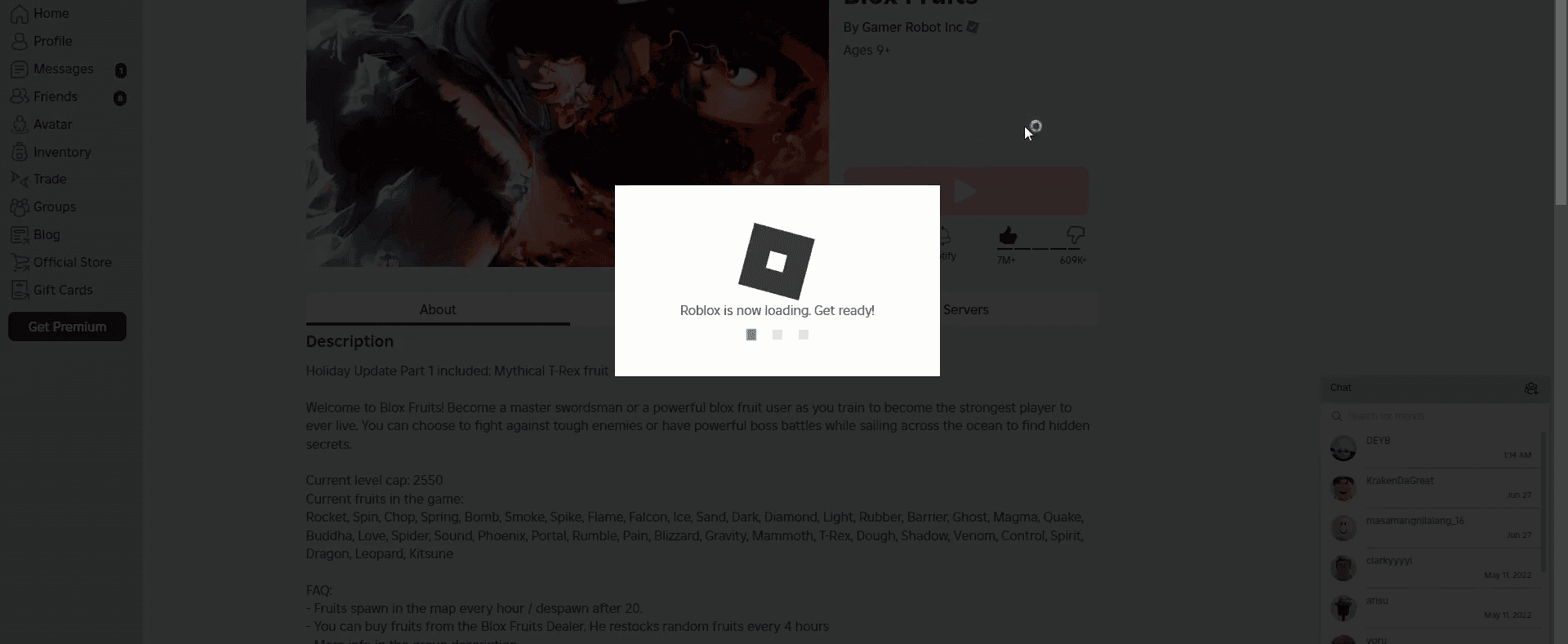 Blox Fruits loading screen after clicking Play.