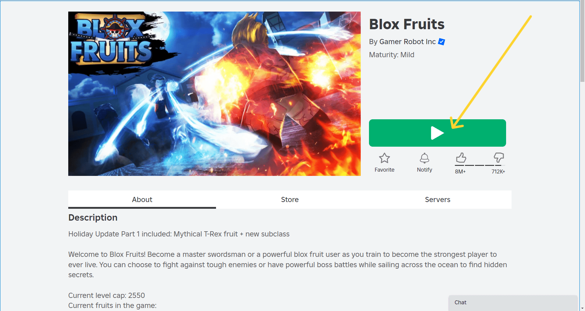 Blox Fruits game page with the Play button highlighted.
