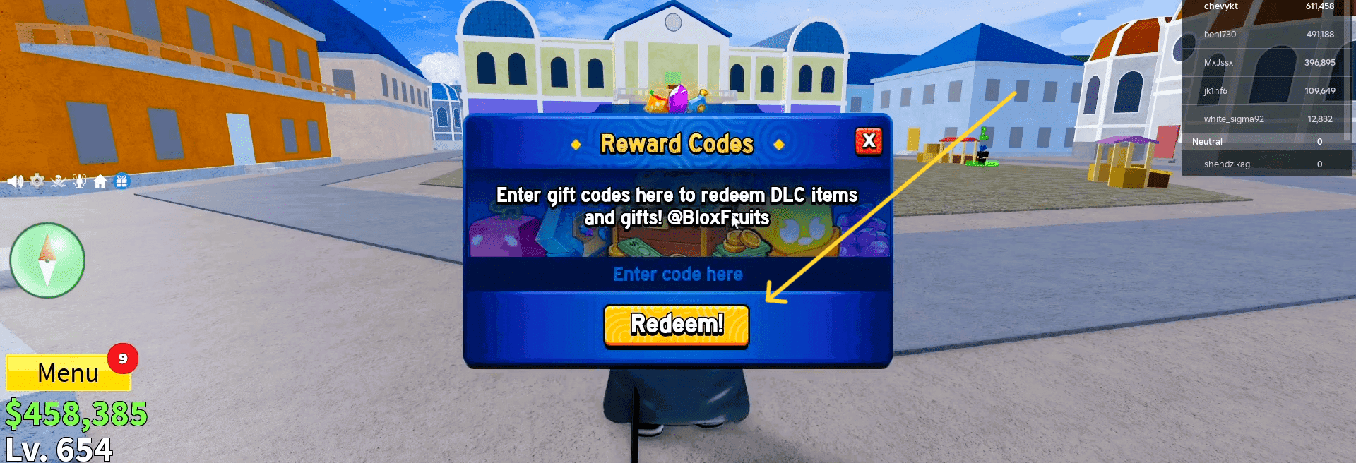 Blox Fruits code redemption screen where the player enters a valid code.